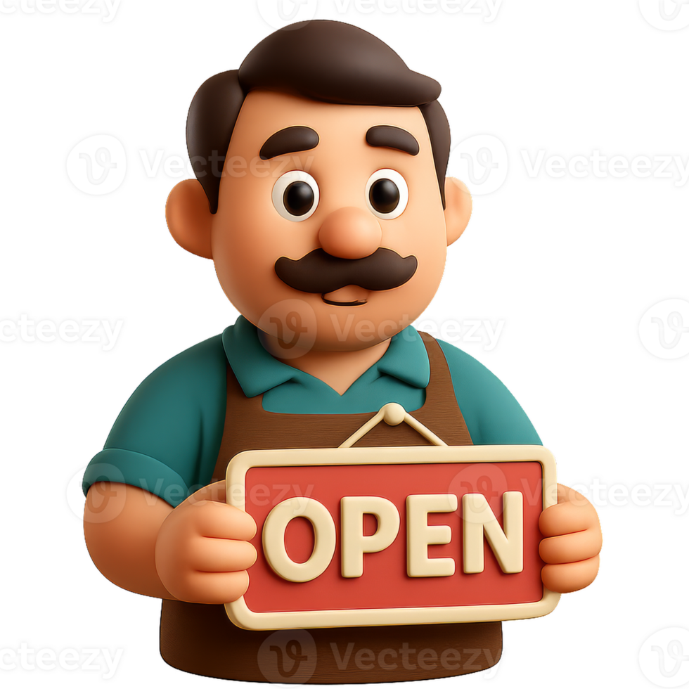 Friendly Business Owner Holding Open Sign in Simple Style png