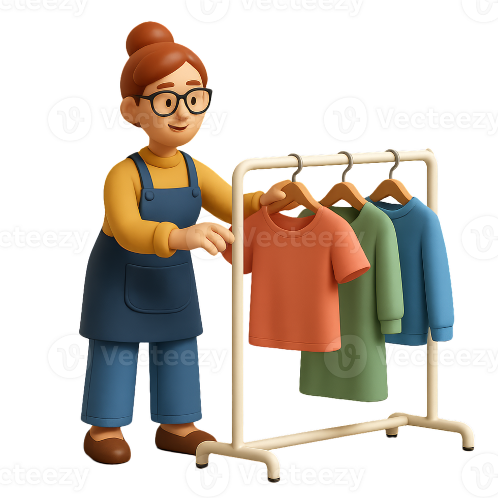 Young Woman Displaying Fashion Items in a Colorful Shop Environment png
