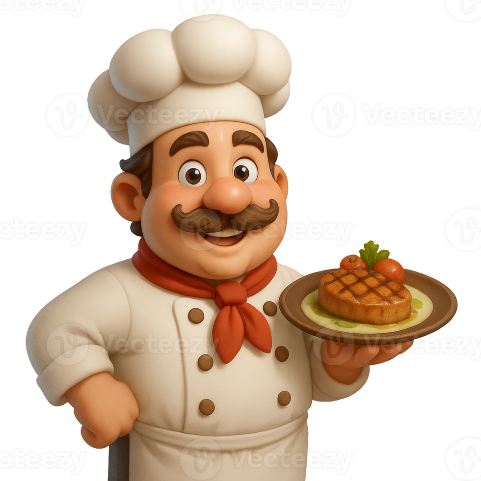 Chef Presenting Signature Dish in Colorful Kitchen Setting png