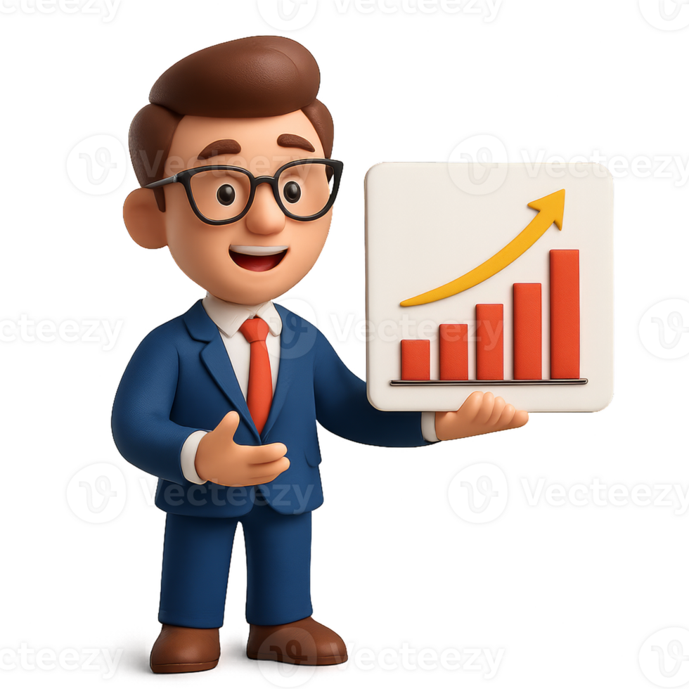 3D Business Presentation with Cartoon Character Showing Growth Chart png