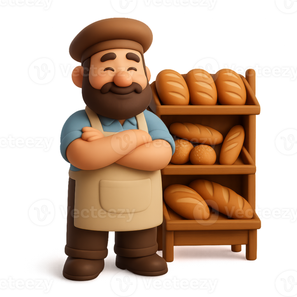 Cheerful Bakery Owner Standing Proudly by Fresh Bread Display png
