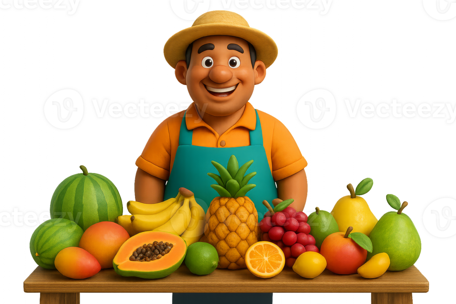 Cheerful Fruit Vendor Displaying Fresh Produce at Market Stall png