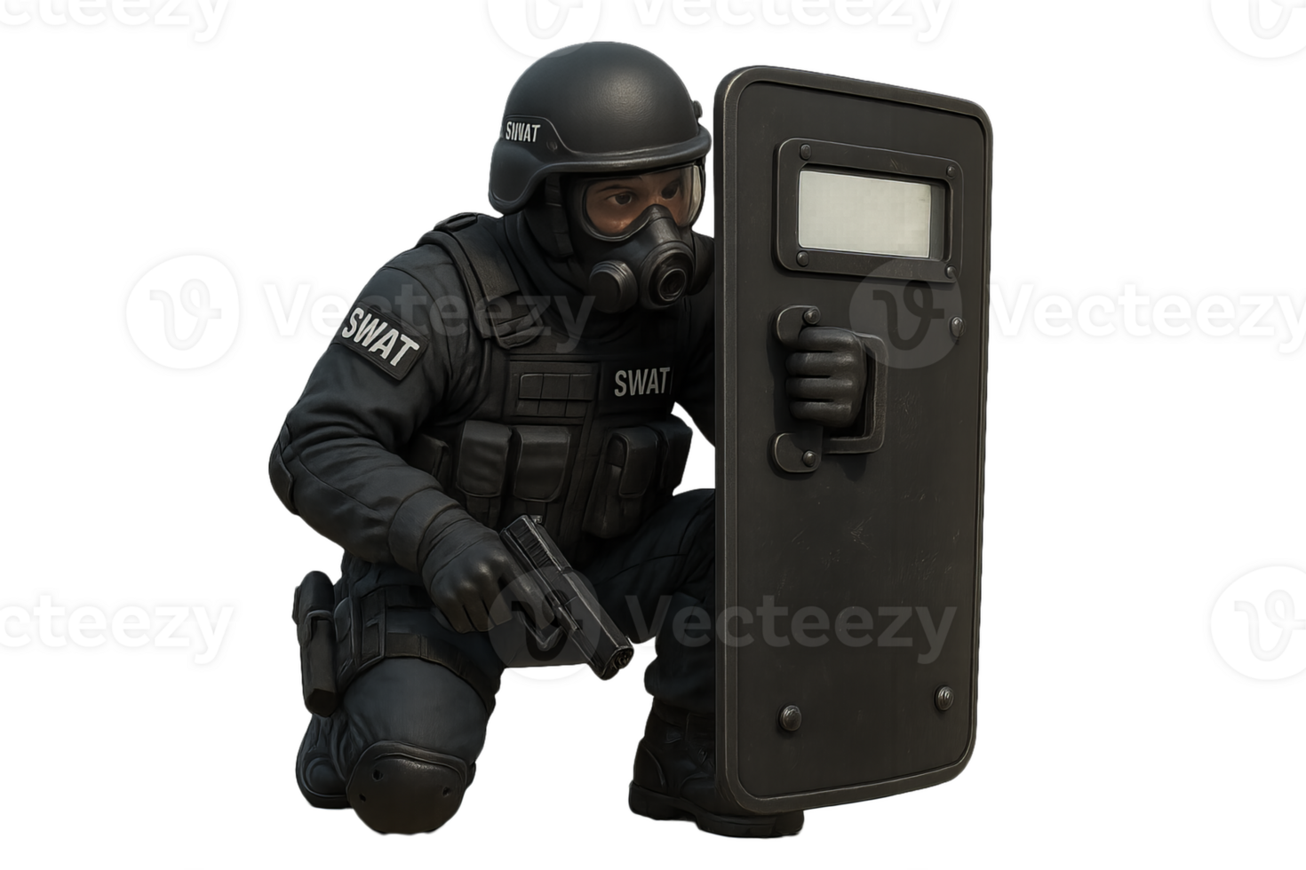 SWAT Officer in Tactical Gear Preparing for Action with Shield png