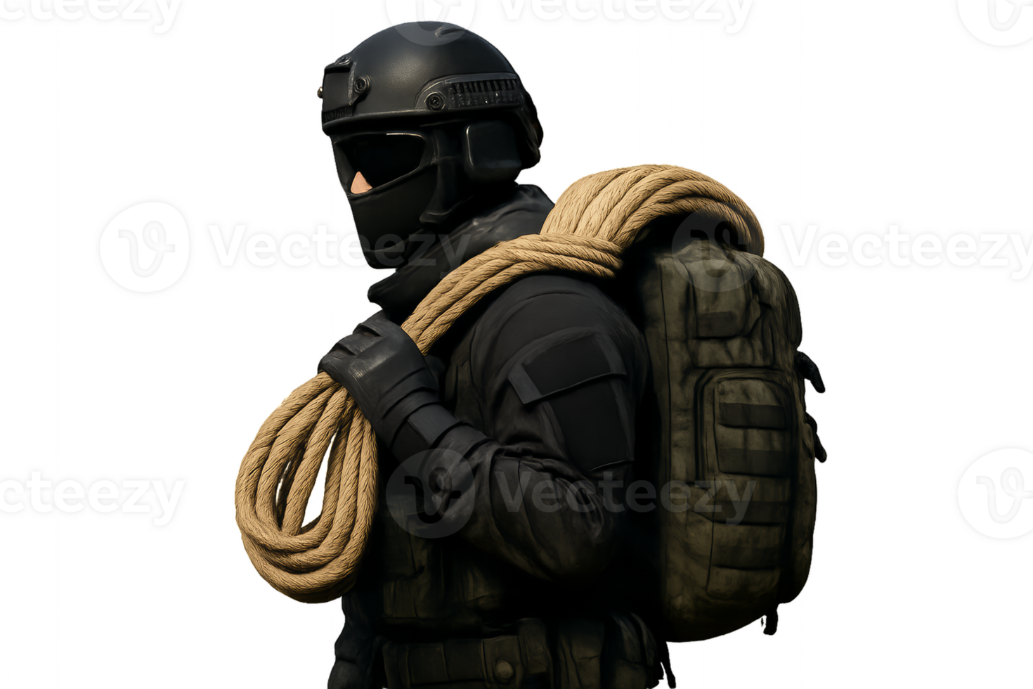 Tactical Rescue Unit Fighter Equipped for Mission with Rope and Gear png