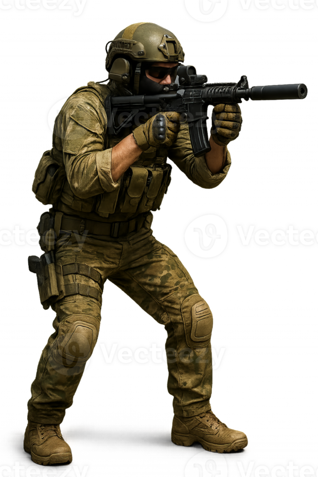 Tactical Soldier Aiming with Rifle in Combat Ready Stance png