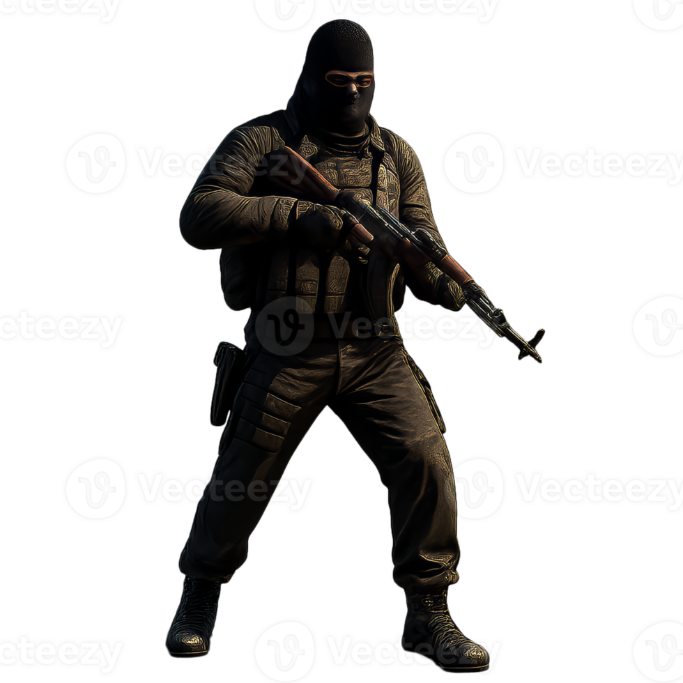 Tactical Character with Mask and Weapon in Dynamic Pose png