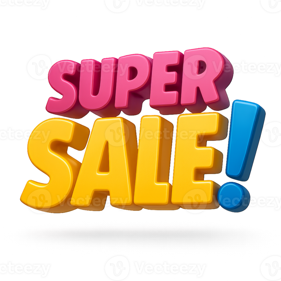Colorful 3D Super Sale Sign with Bold Typography and Shadows png