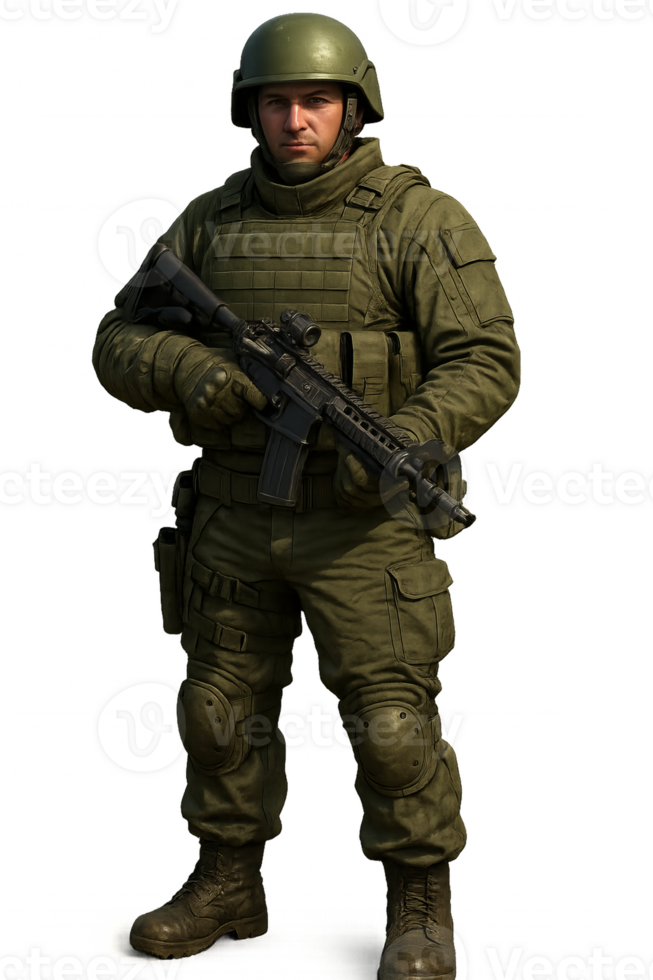 Armored Infantry Soldier in Tactical Gear with Rifle Stance png