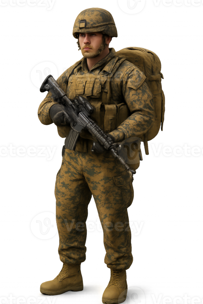 Determined Marine Soldier with Gear in Camo Uniform Stands Ready png
