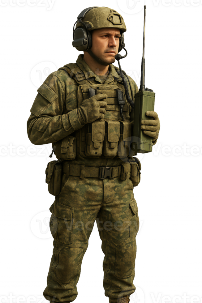 Soldier in Combat Gear Using Communication Device in Field Setting png
