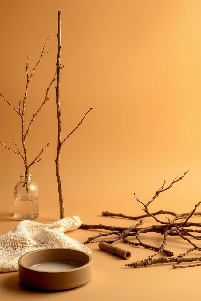 Minimalist twig arrangement with ceramic bowl and cloth on beige background, calm and natural photo
