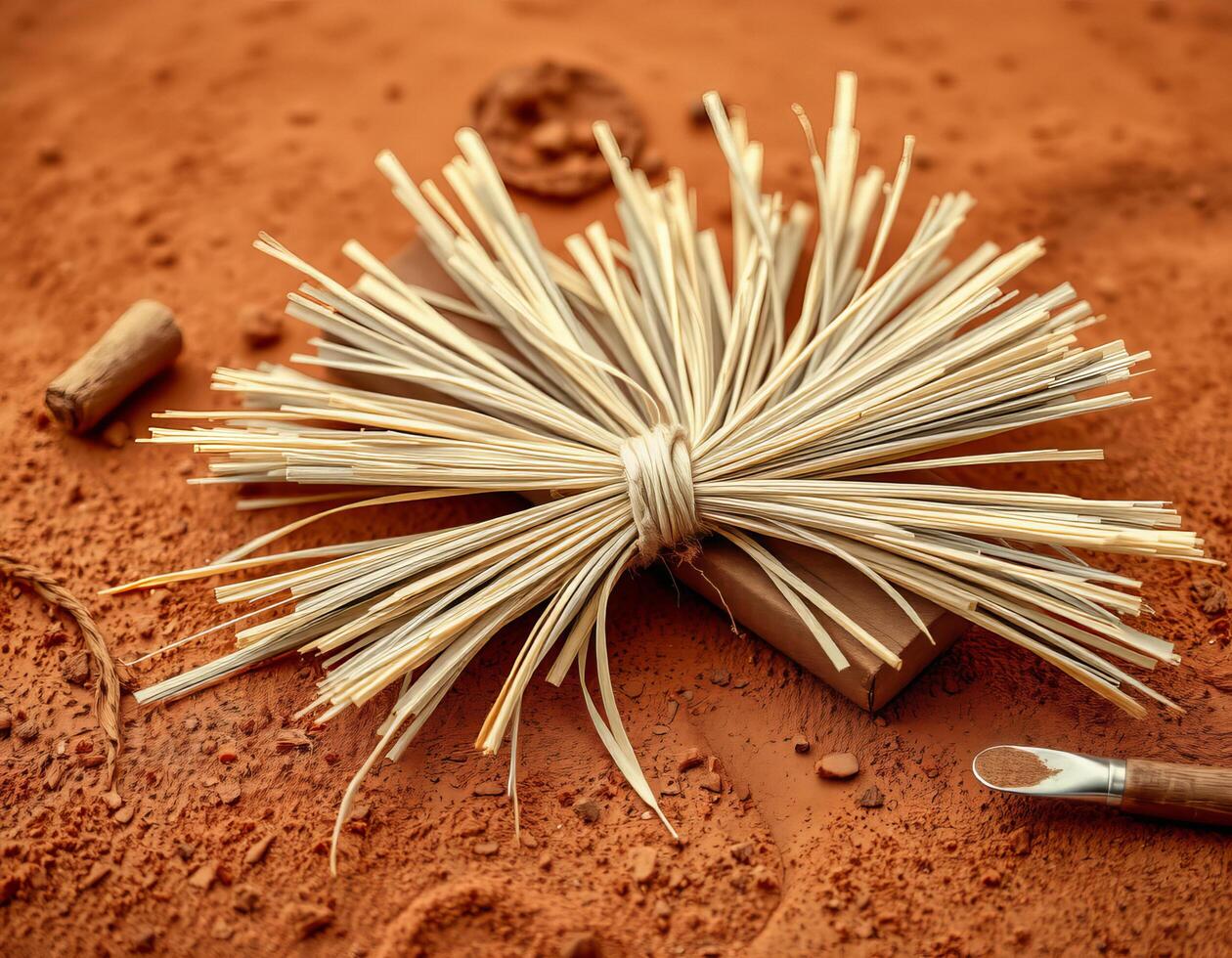 Harmonious straw bunch tied on small box with natural brown background and brush photo
