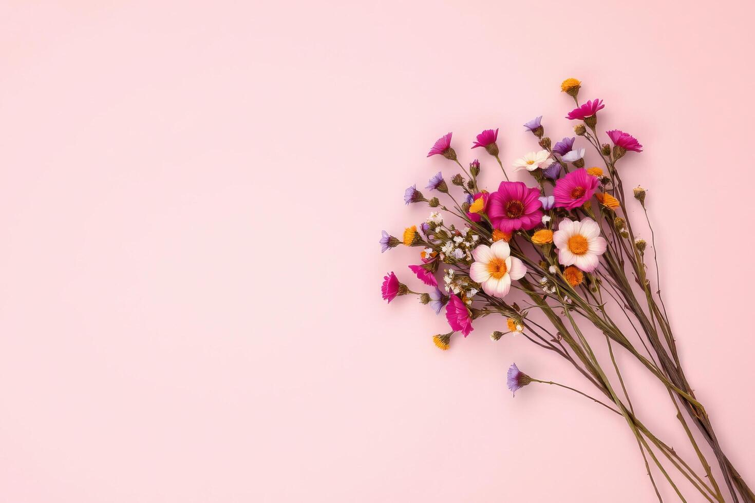Colorful flower bouquet on soft pink background with harmonious crafting moment photo