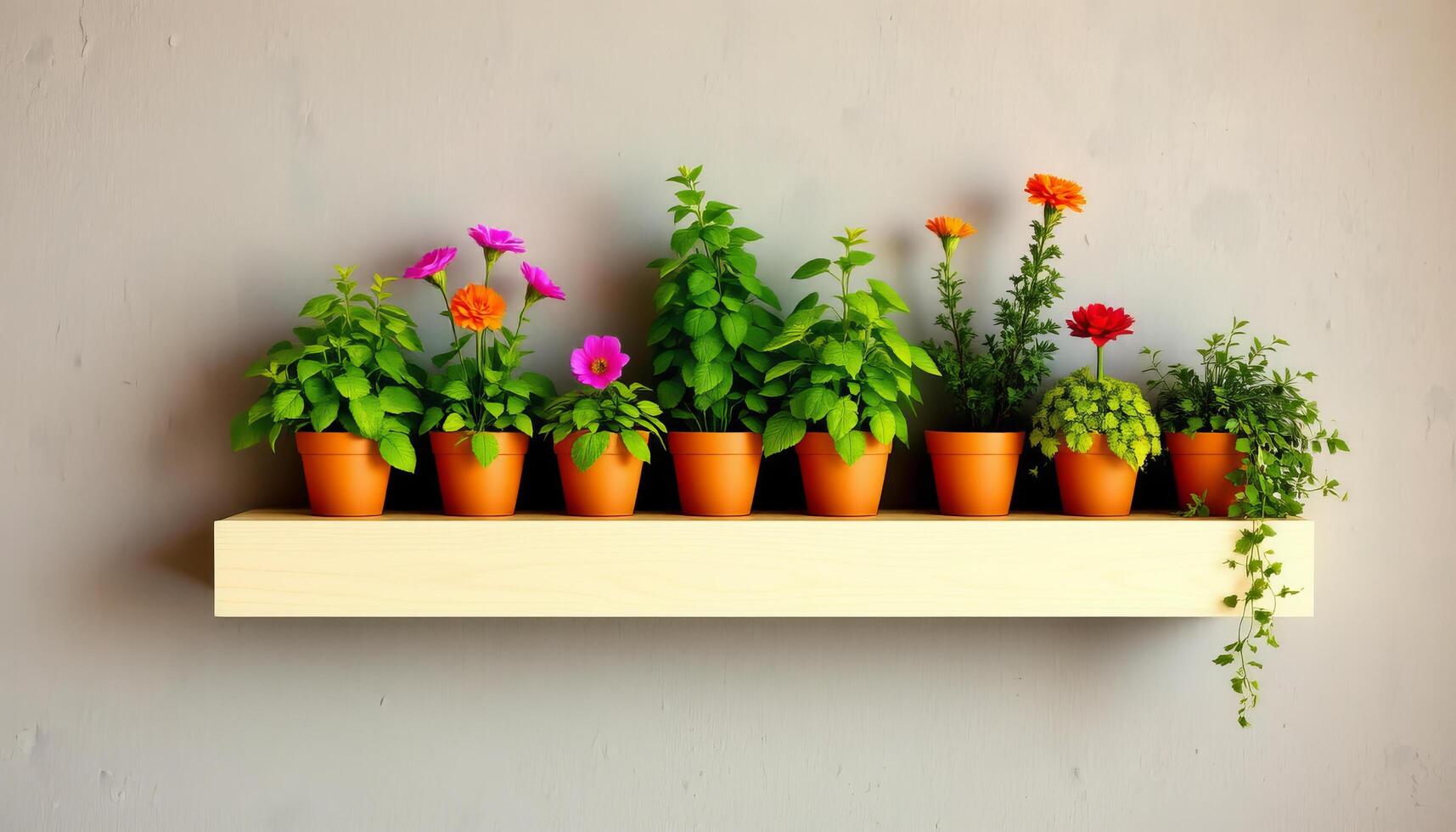 Floating shelf with vibrant potted plants and flowers brightens plain wall with lively colors photo