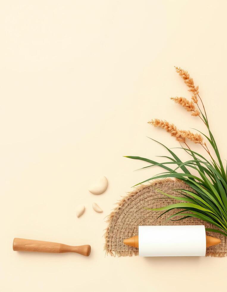 Rolling pin with dough and green plant on beige background with mat, calm kitchen scene photo