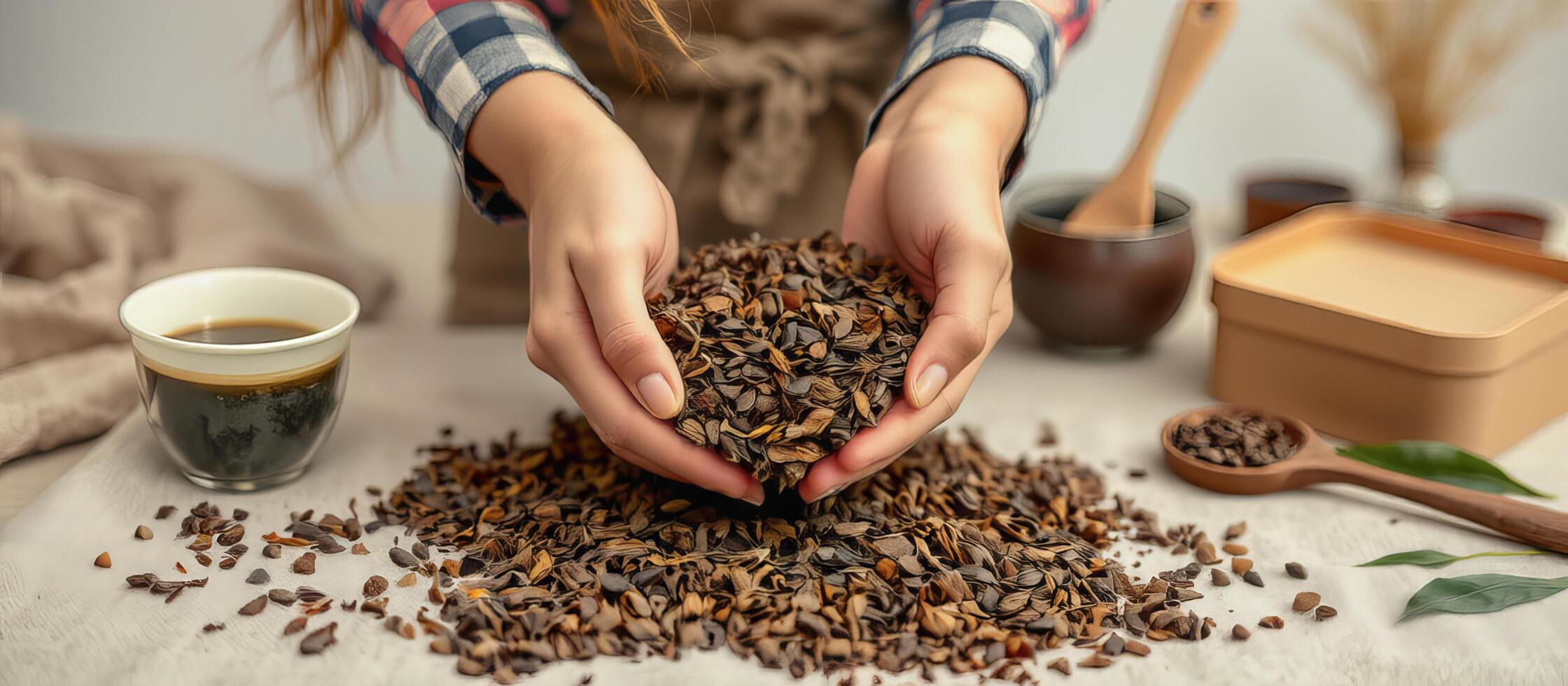 Dried tea leaves held in hands with cup of tea and wooden utensils on table photo