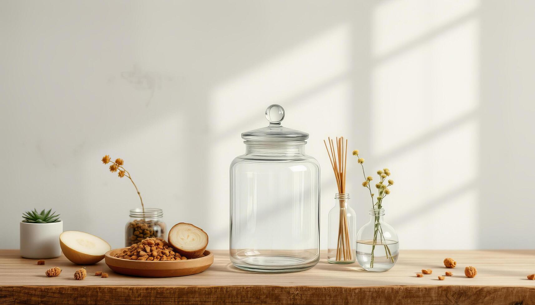 Clear glass jar with lid on wooden table with dried flowers and nuts in warm sunlight photo