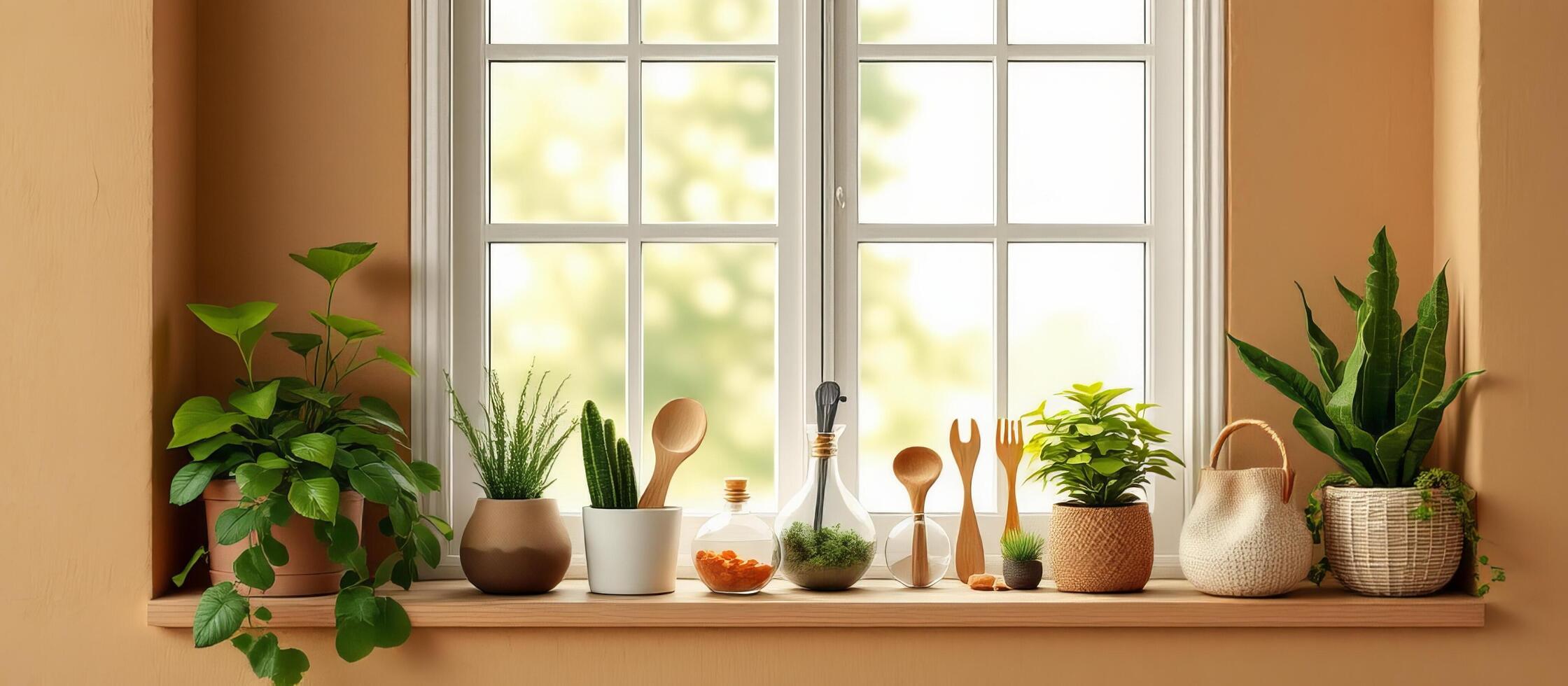 Indoor plants on windowsill with natural light create harmonious and peaceful home atmosphere photo