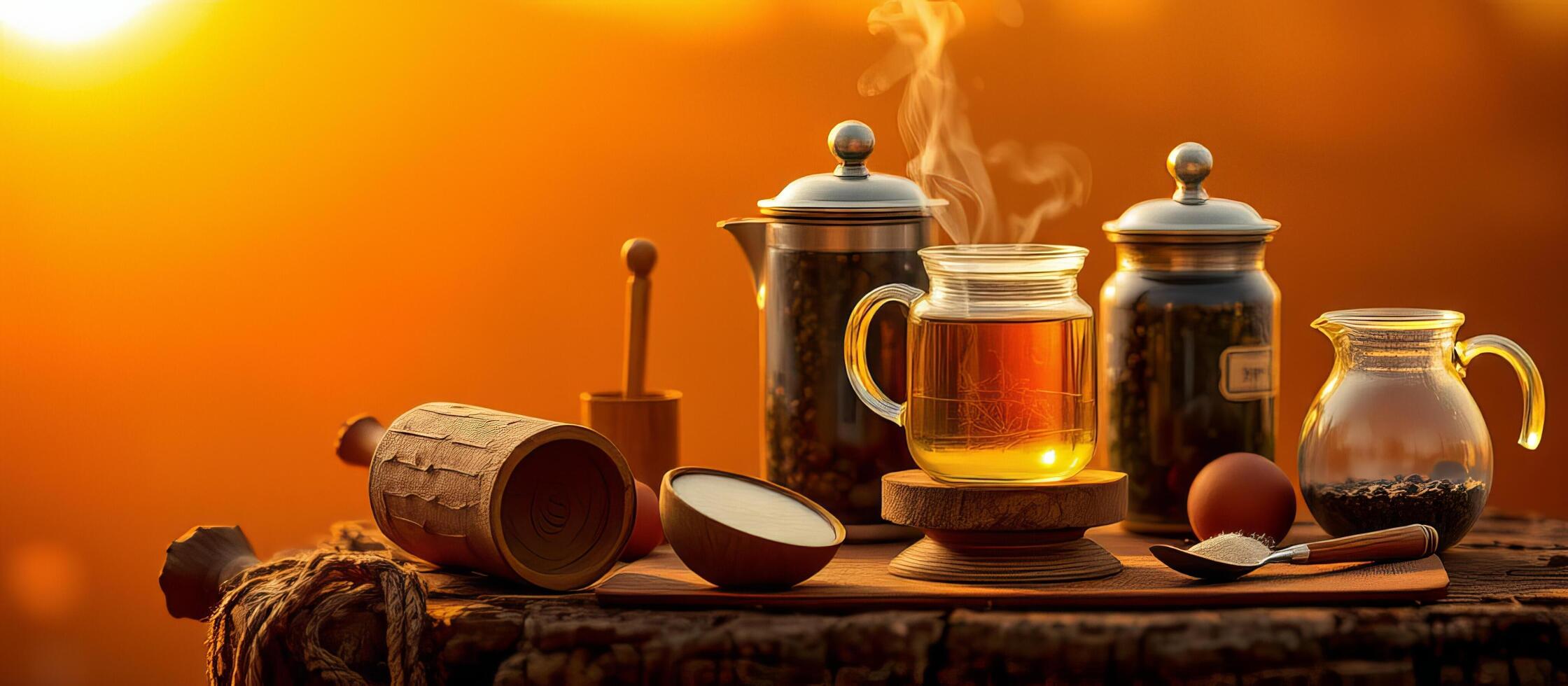 Steaming cup of tea with wooden containers and rustic kitchen items on warm background photo