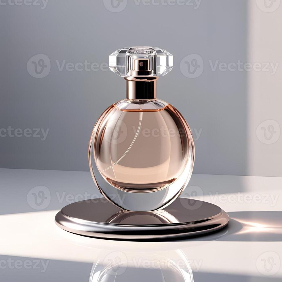A perfume bottle on a table with a light shining on it photo