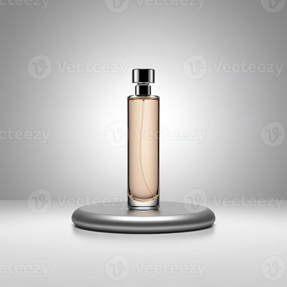 A perfume bottle on a silver stand photo