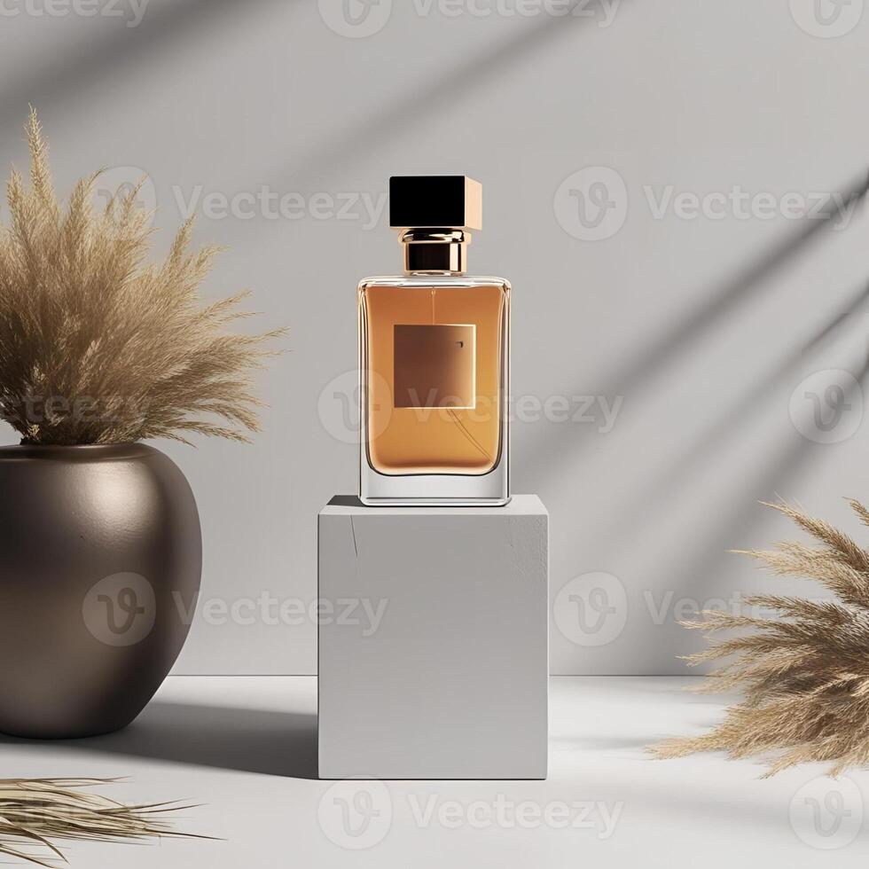 A perfume bottle and vase on a table photo