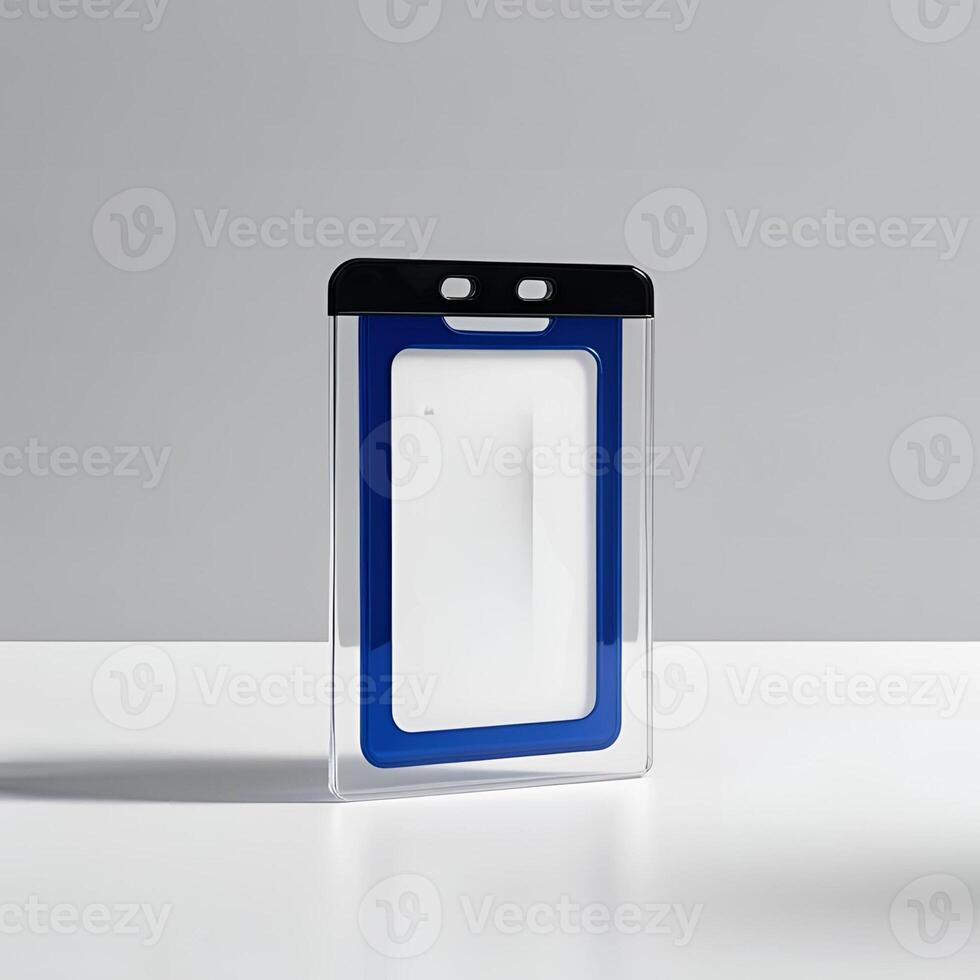 A clear plastic card holder with a blue frame photo