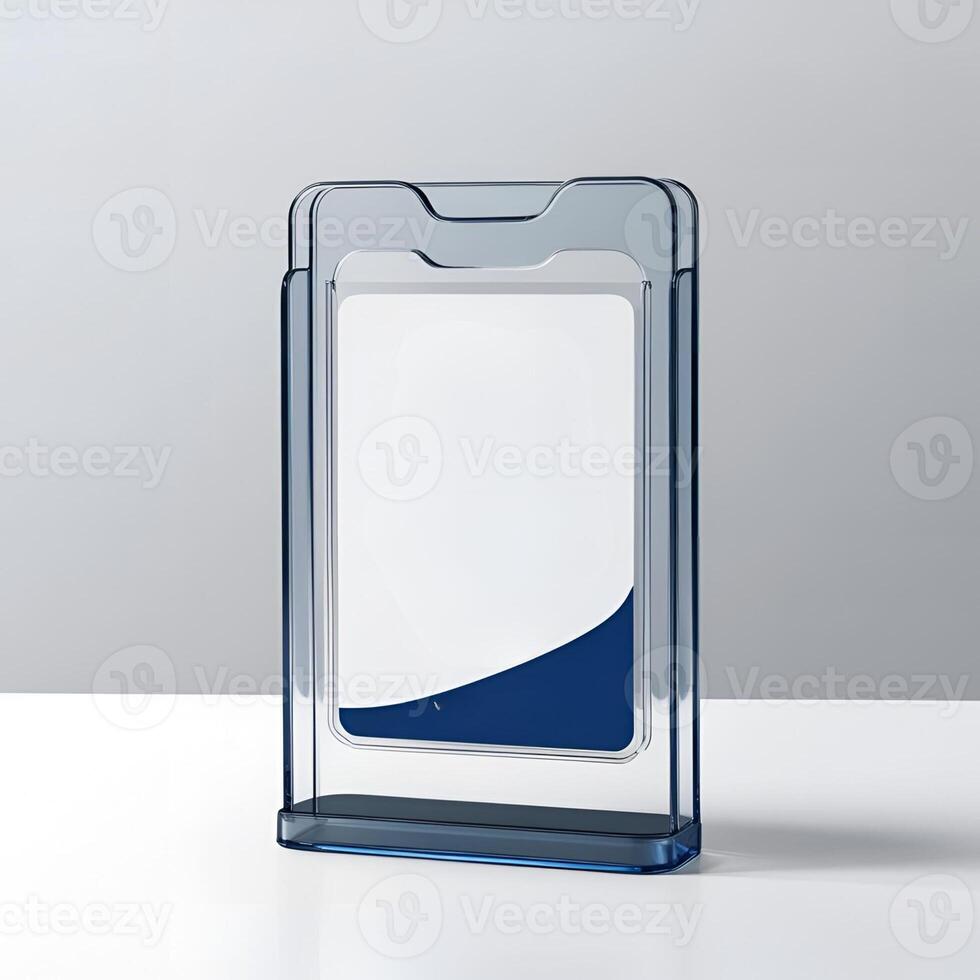 A blue and white card holder on a white surface photo