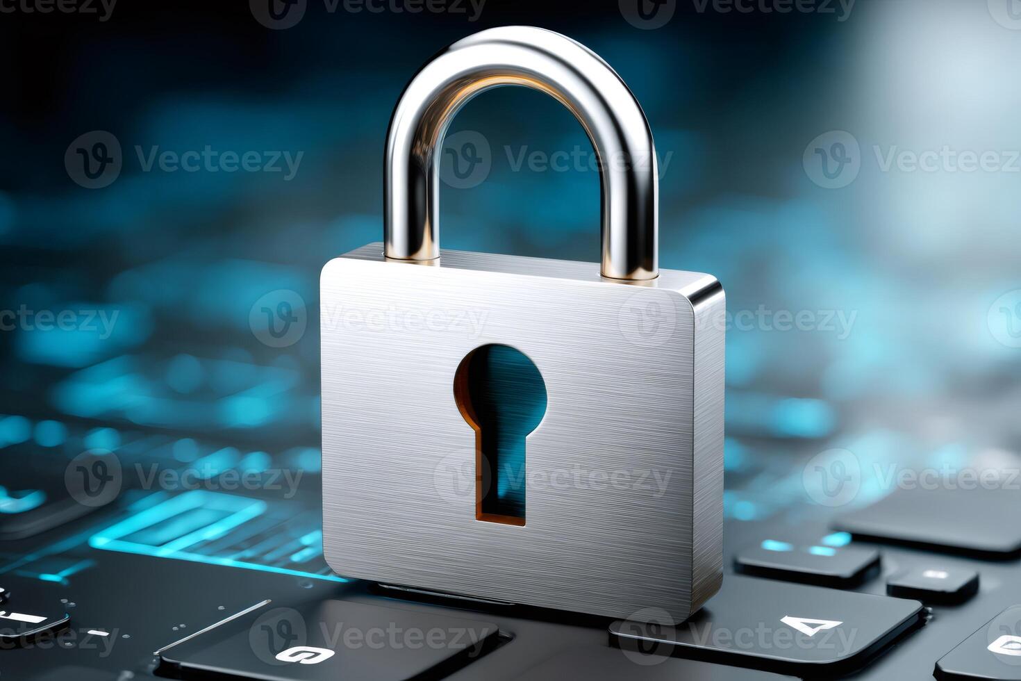 Padlock protecting digital information on computer keyboard photo