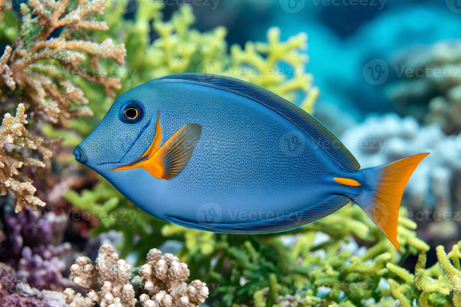 Powder blue tang fish swimming in coral reef aquarium.. photo