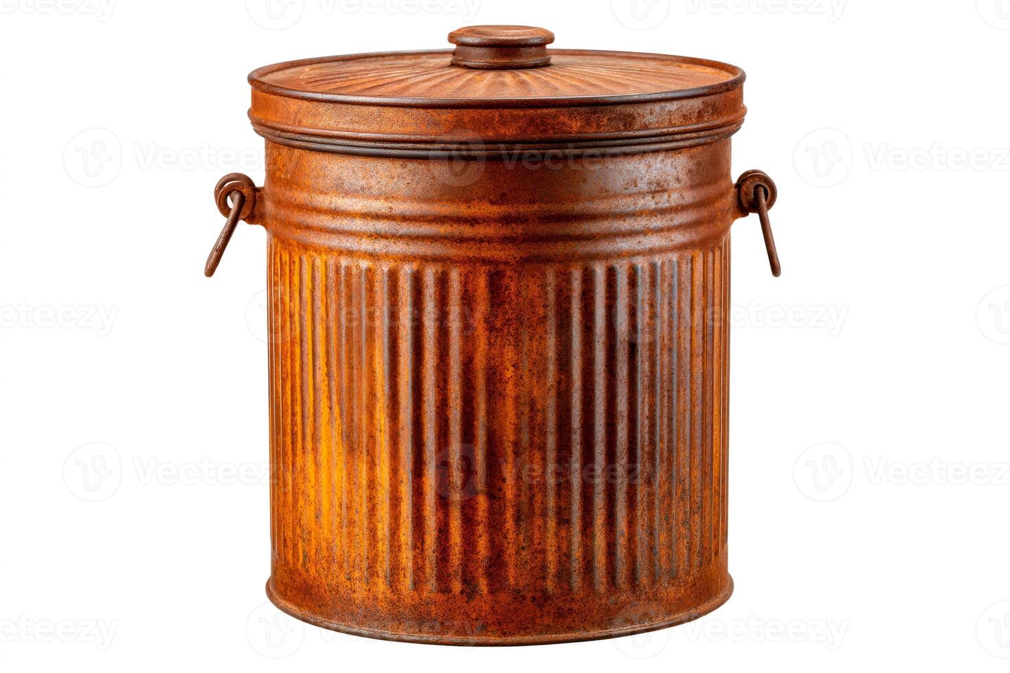 Rusty metal trash can with lid and handles isolated on white background photo