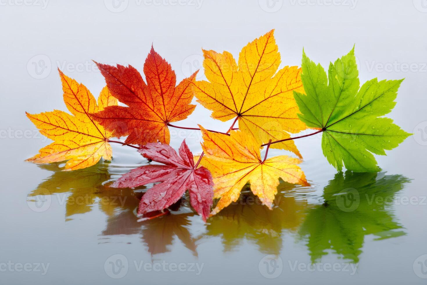 Colorful maple leaves floating on water in autumn photo