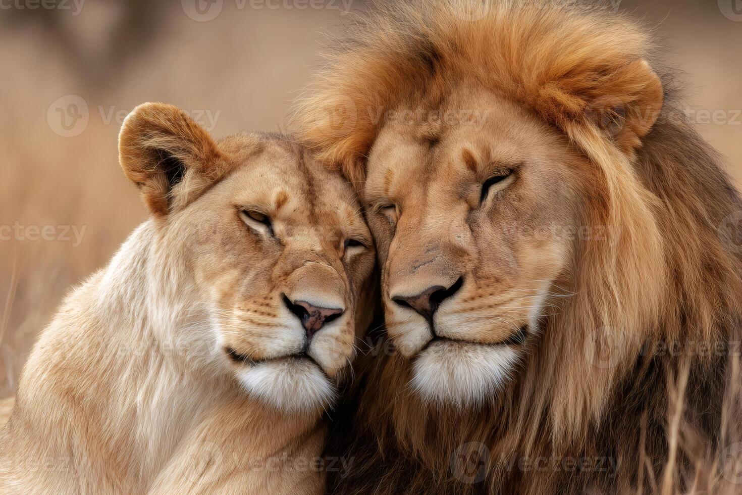 Lion and lioness showing affection in the african savanna photo