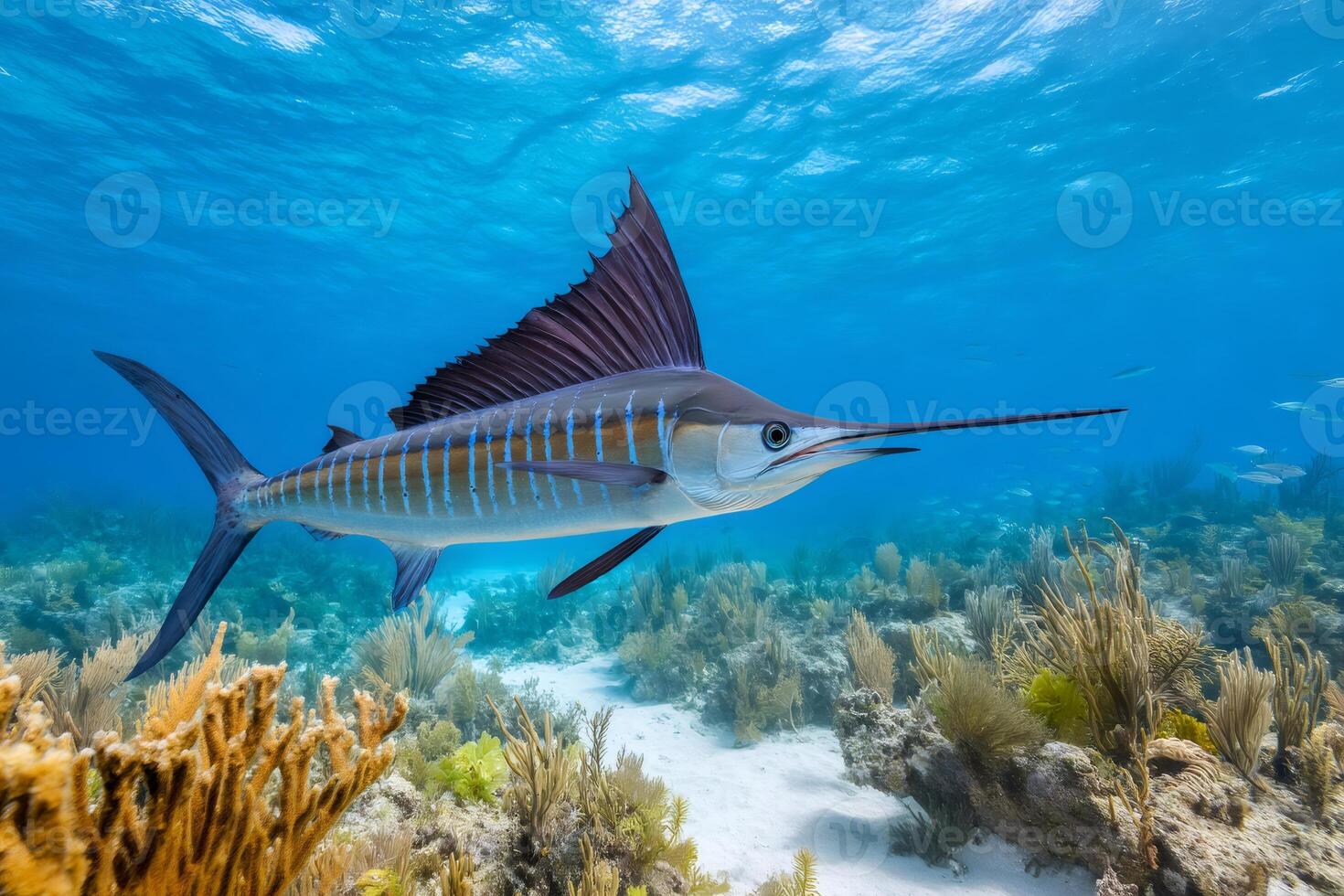 Majestic sailfish swimming over a vibrant coral reef in the ocean.. photo