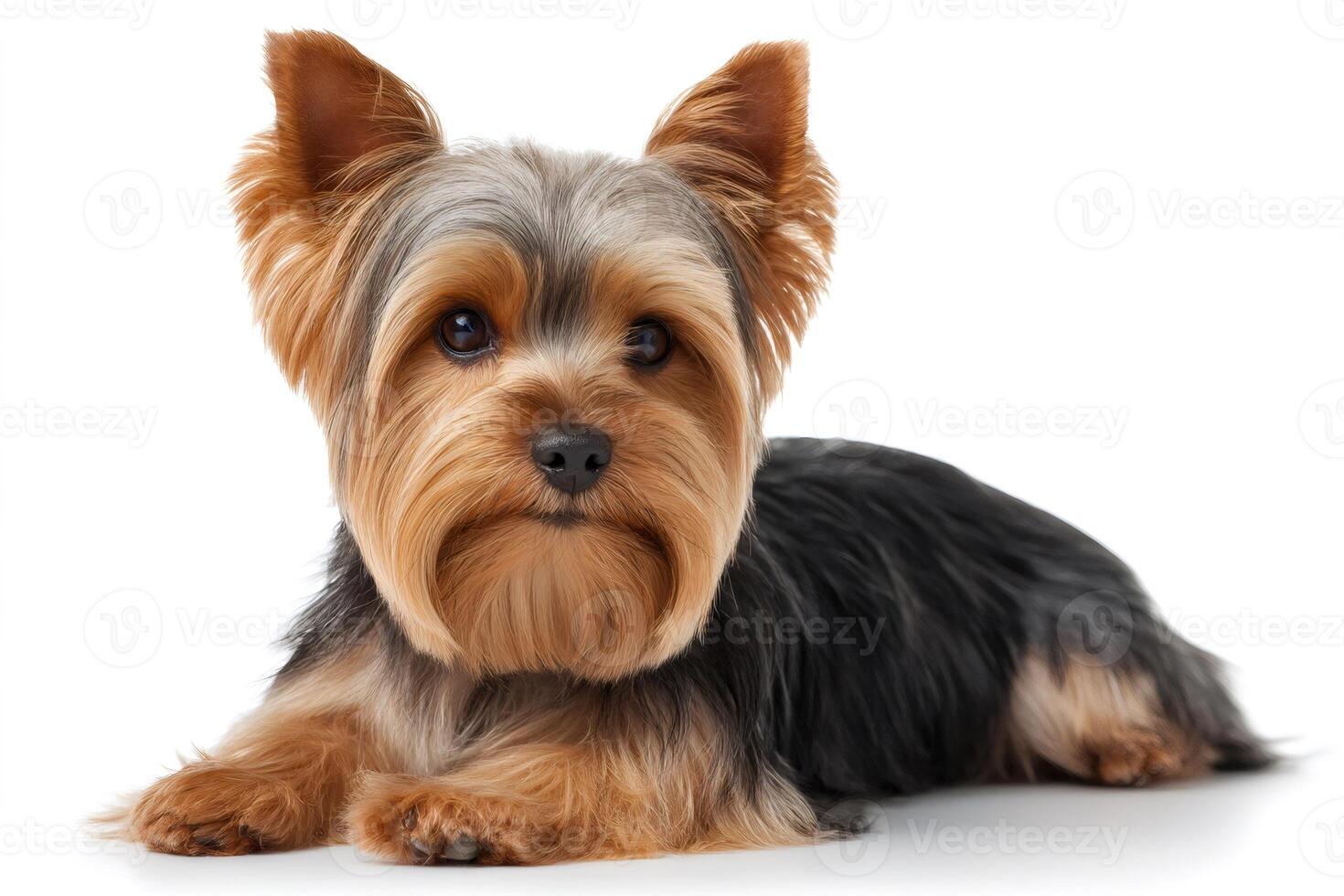 Yorkshire terrier puppy is lying on a white background photo