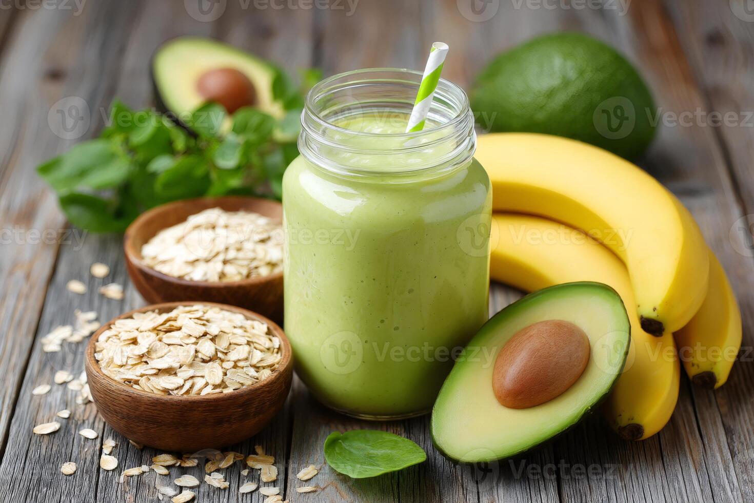 Green smoothie with banana, avocado, spinach and rolled oats on rustic wooden table photo