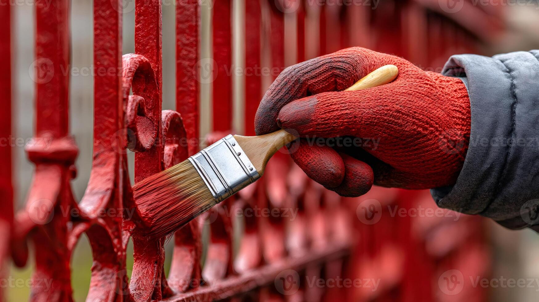 Worker applying red paint on metal fence with brush photo