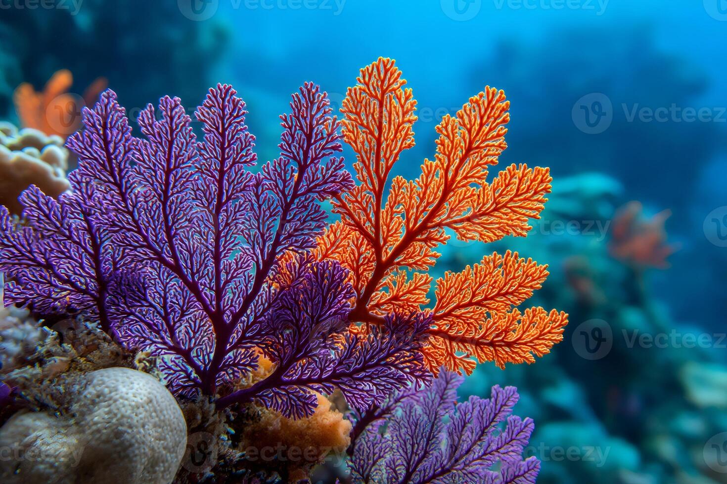 Colorful sea fan gorgonians growing on coral reef photo