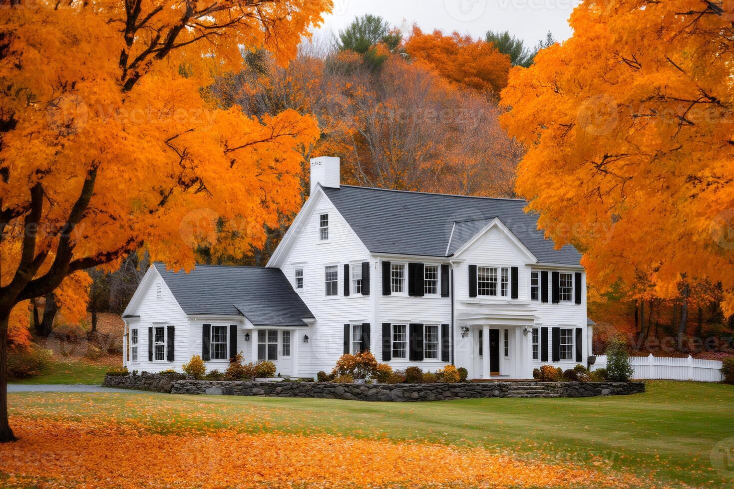 Classic new england house framed by vibrant fall foliage photo