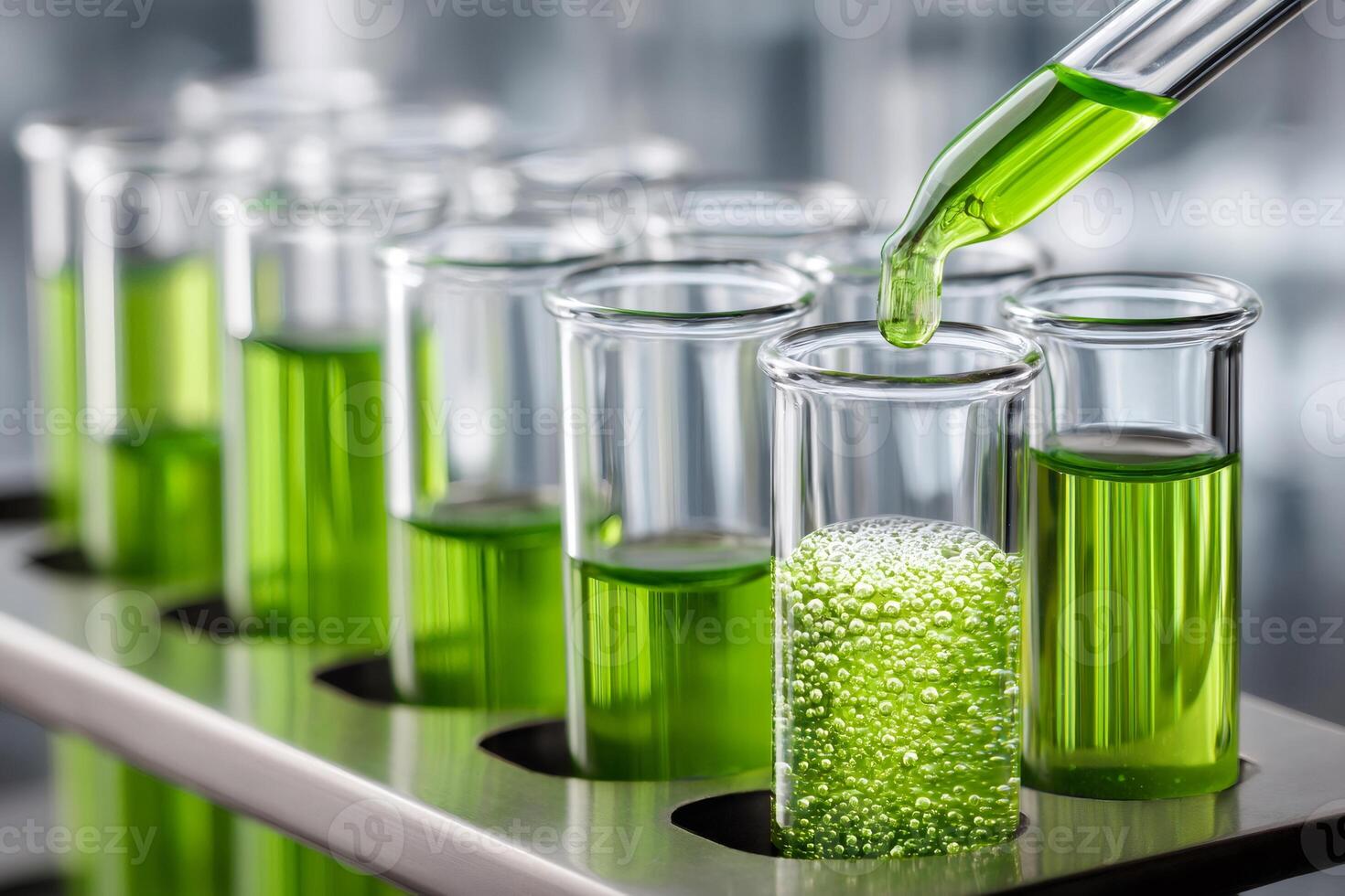 Scientist dropping green liquid into test tube creating bubbles during experiment photo