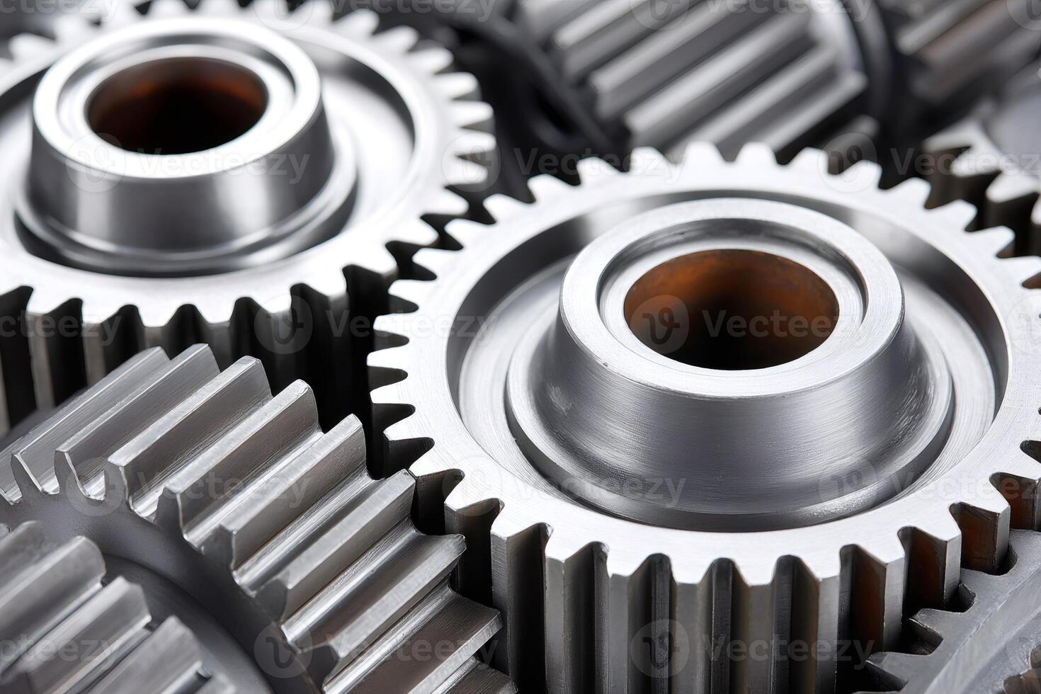 Close up of interlocking metal gears representing teamwork and precision engineering photo