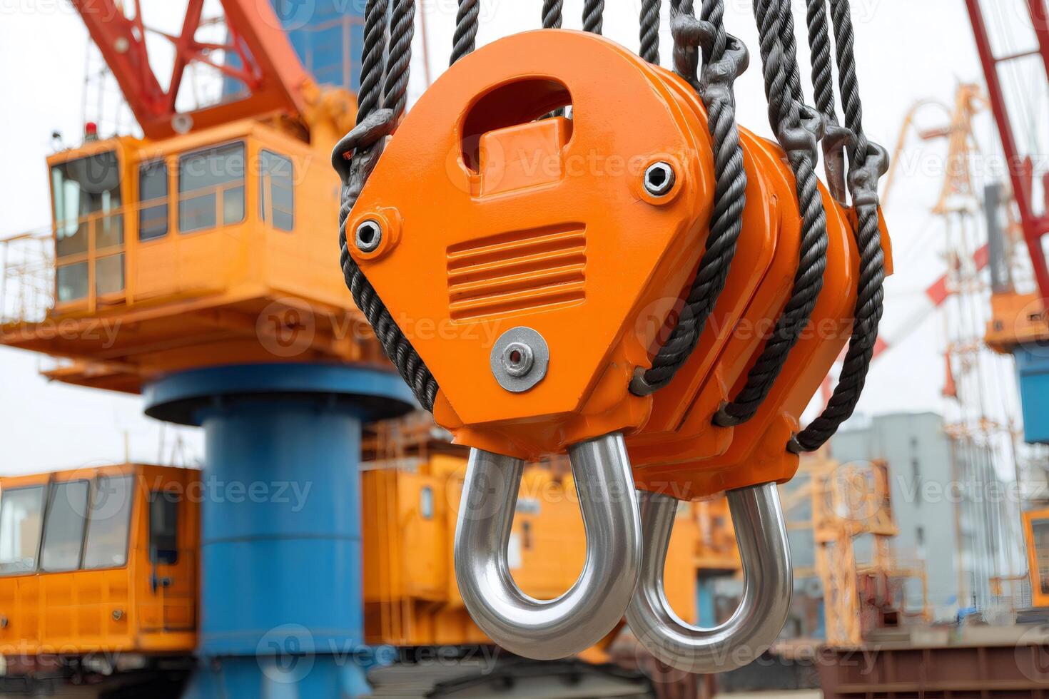 Crane hooks hanging, lifting gear in industrial port setting, ready for heavy cargo operations photo