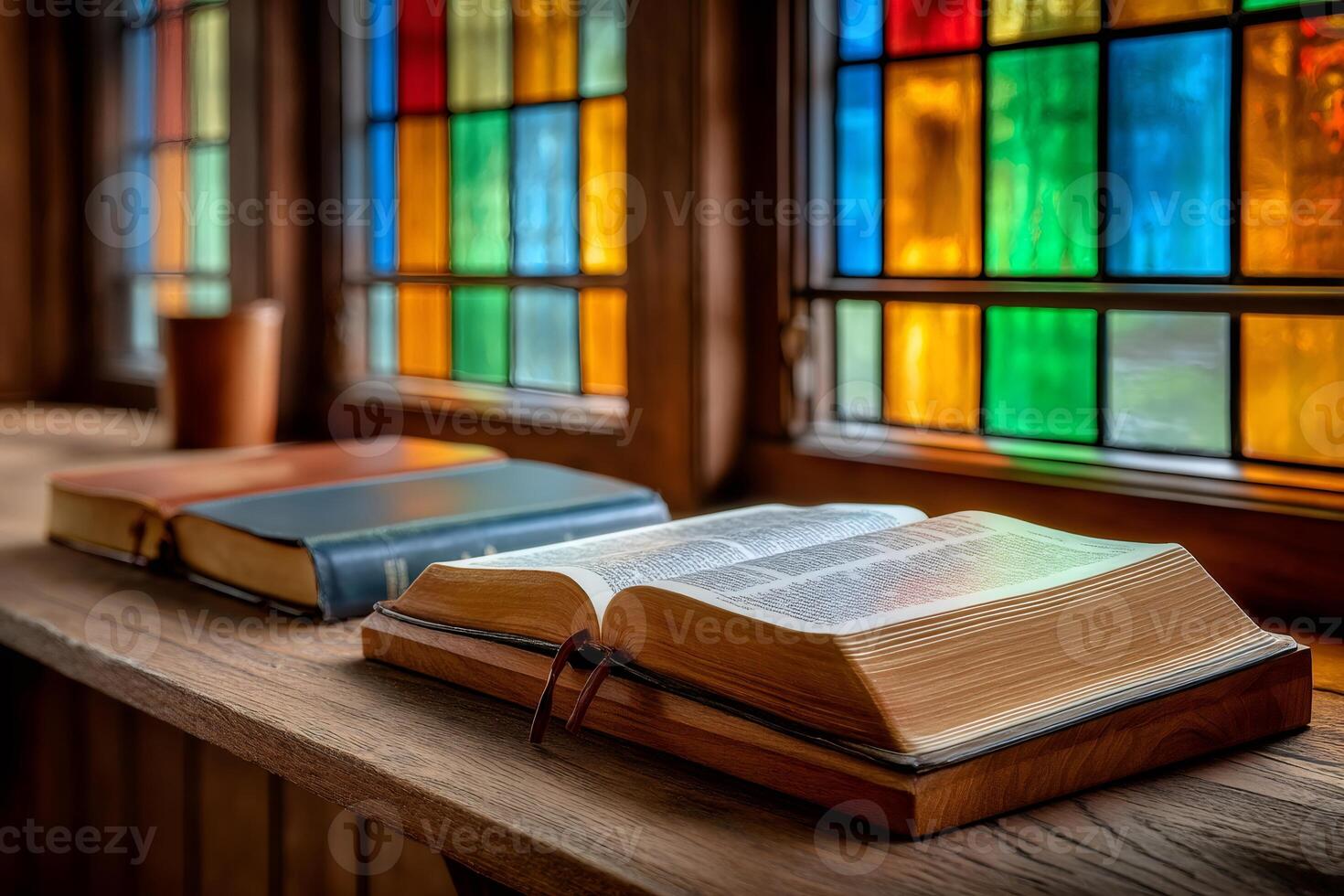 Open holy bible resting on wooden ledge by stained glass window photo