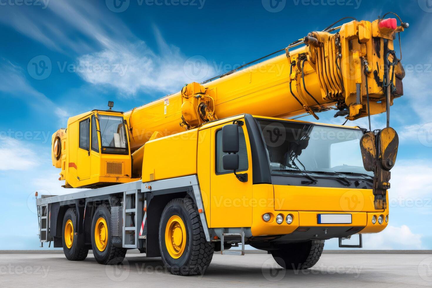 Yellow mobile crane truck parked on concrete surface under cloudy blue sky photo