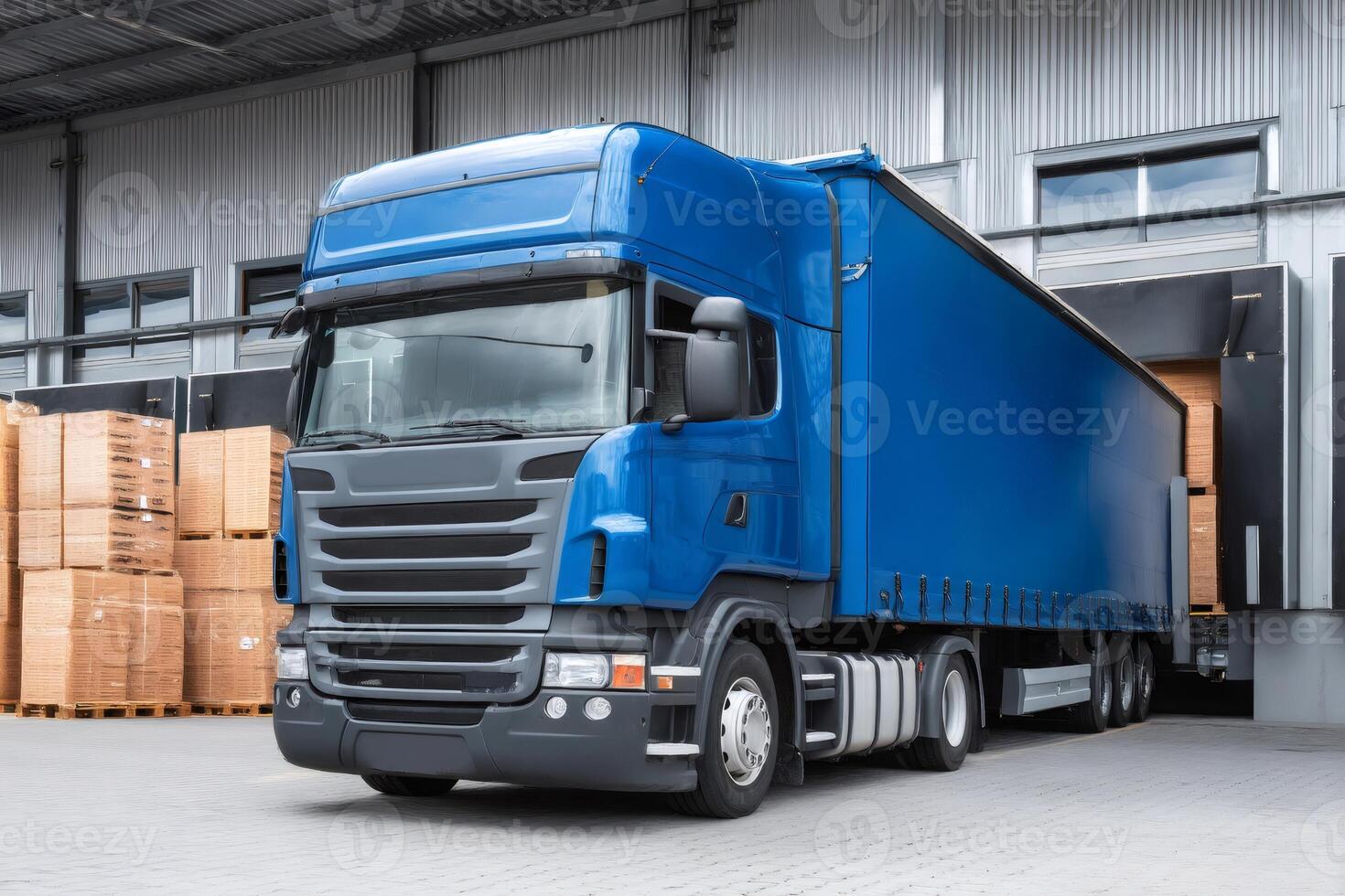 Blue semi truck leaving warehouse loading dock after loading cargo photo