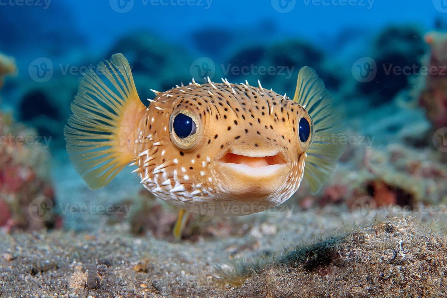 Porcupinefish swimming over sandy bottom in blue ocean photo