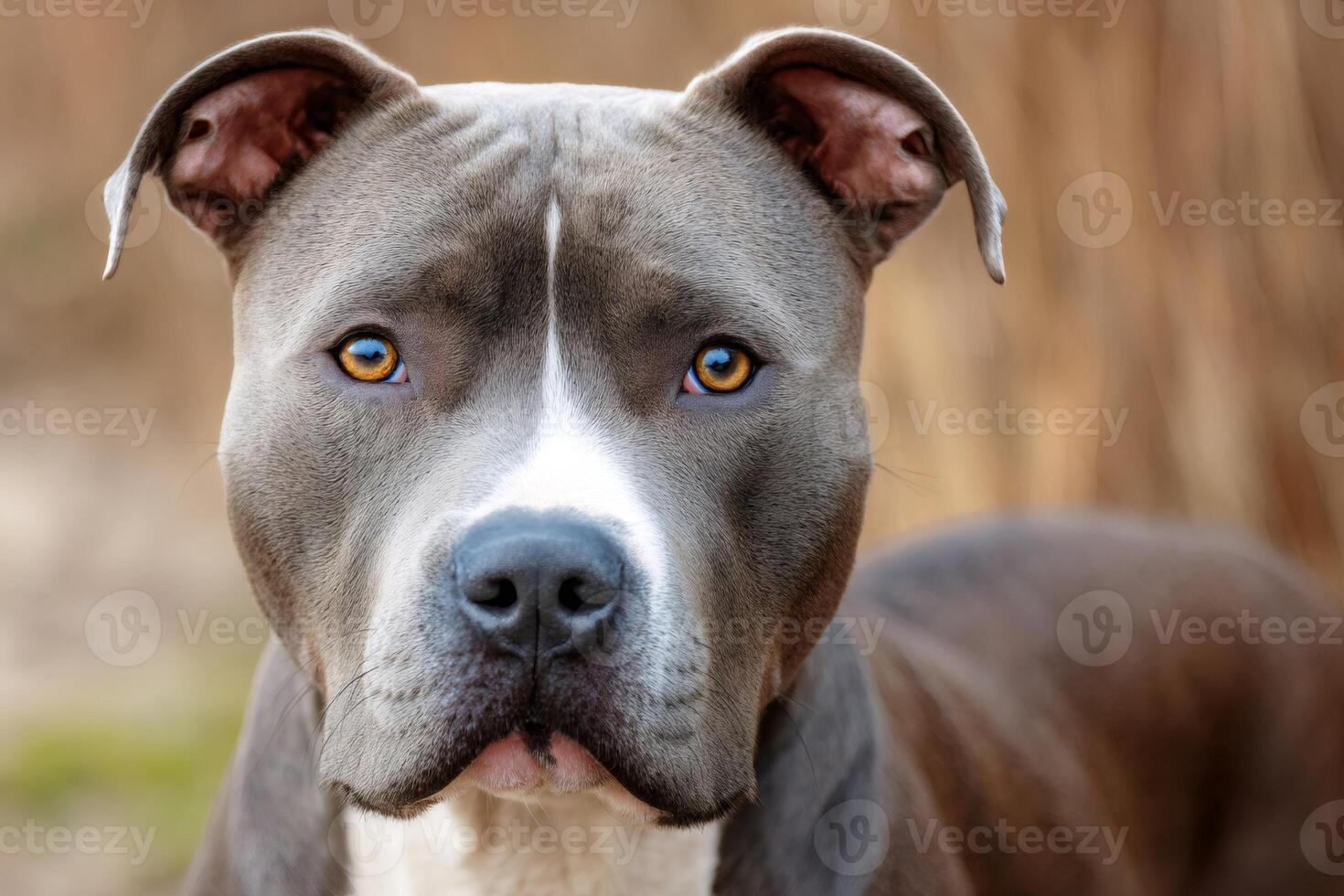 Portrait of powerful pit bull terrier guarding with intense gaze photo