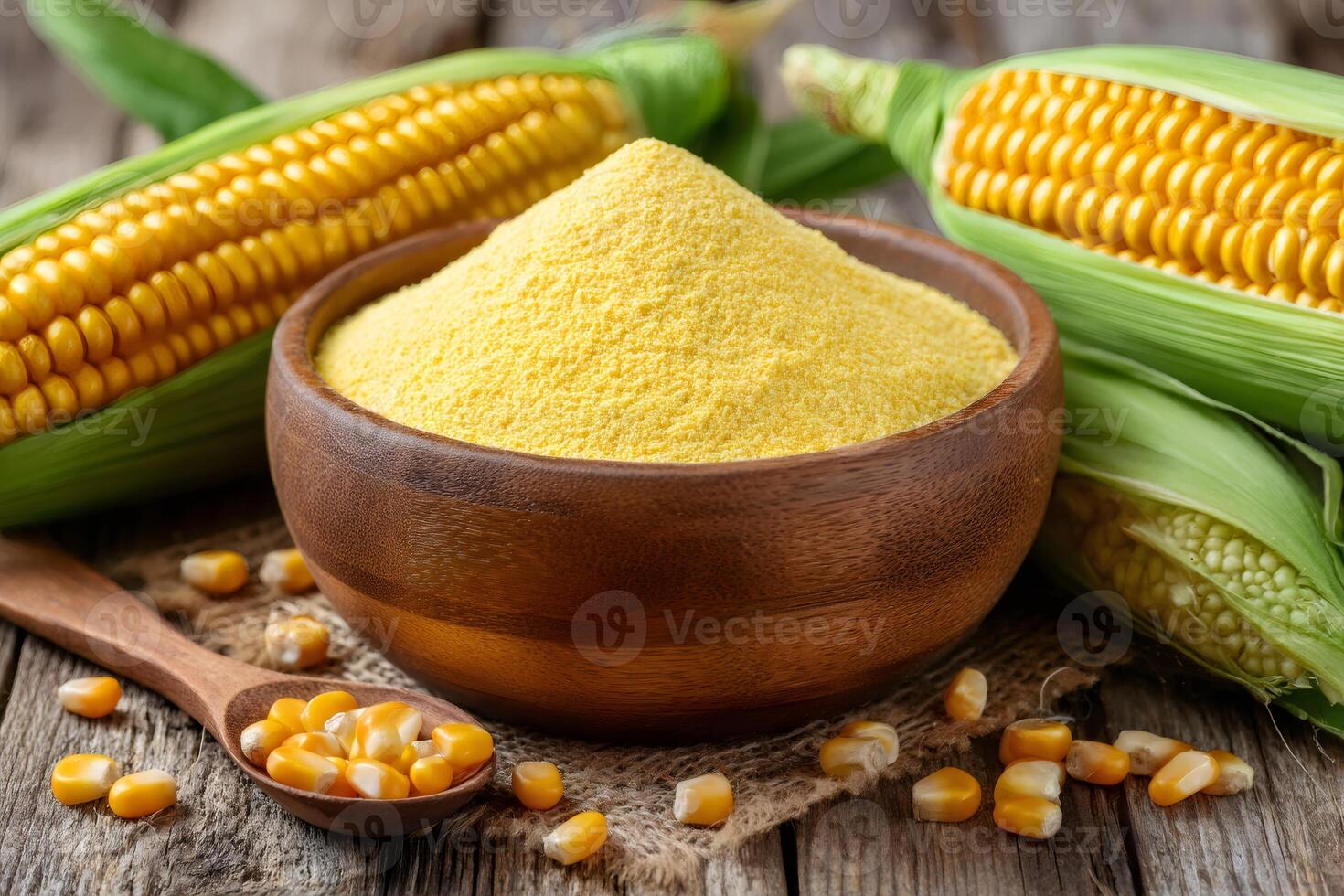 Corn flour in wooden bowl with fresh corn cobs on rustic table photo