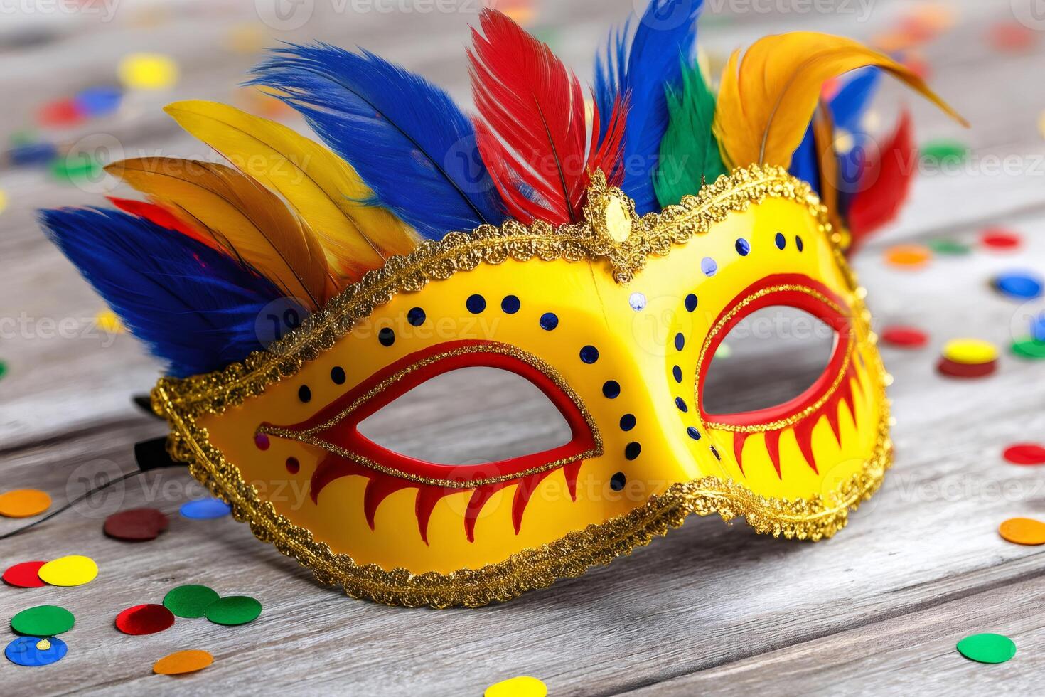 Colorful carnival mask resting on wooden table with confetti.. . photo