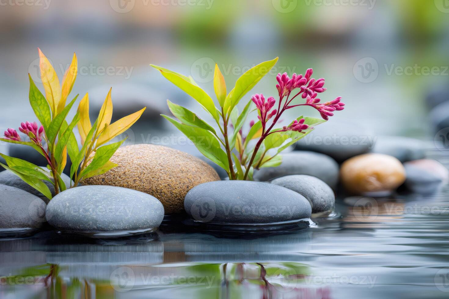 Vibrant plants growing on serene stones in water, perfect harmony of nature photo